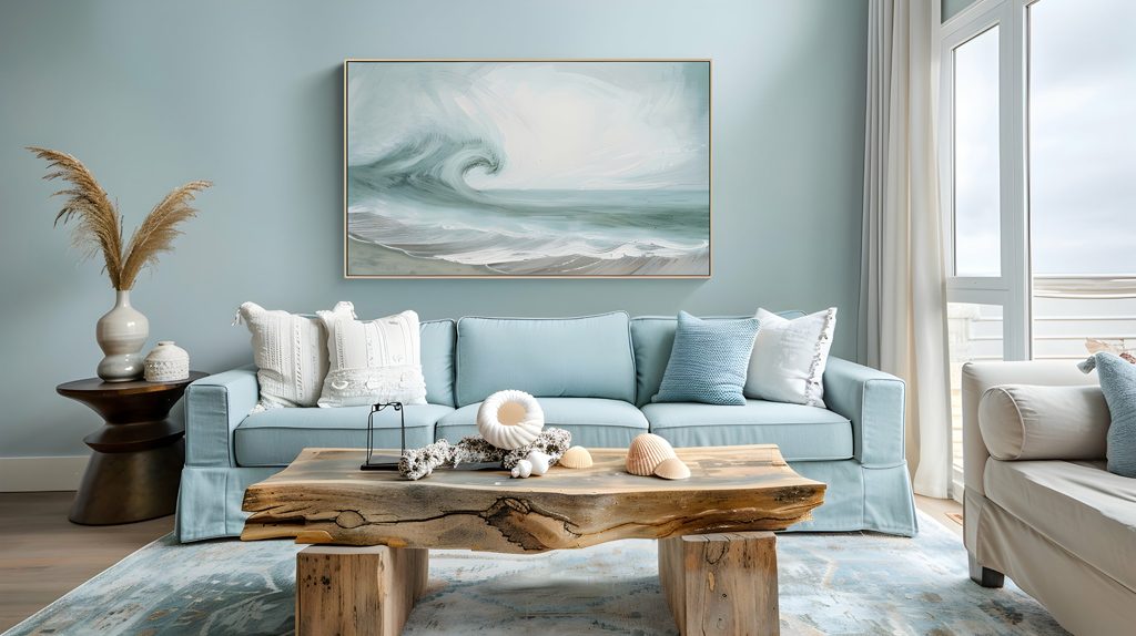 En enda stor tavla ovanför soffan