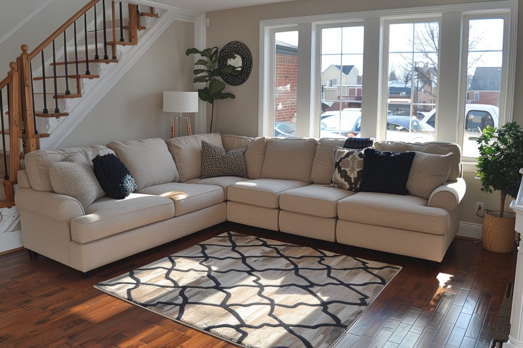 Mönstrad matta till beige soffa