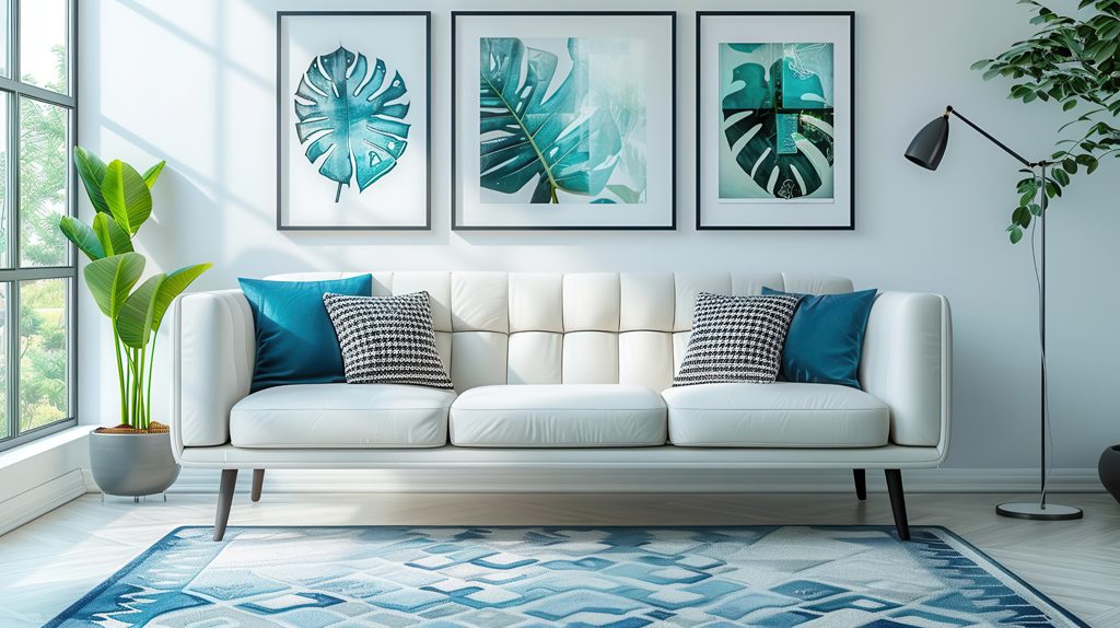 En kvadratisk och två rektangulära tavlor ovanför soffa