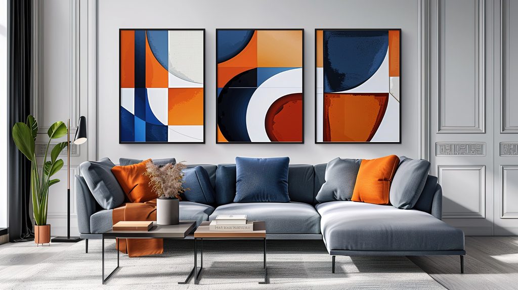 Tre rektangulära tavlor ovanför soffa