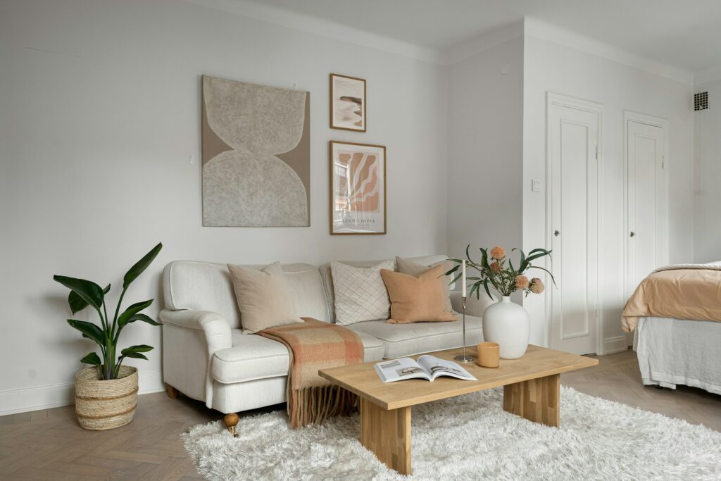 Säng och soffa i samma rum